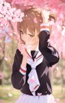  1girl akumo ascot black_shirt blonde_hair blurry blurry_background cardcaptor_sakura cherry_blossoms chinese_commentary closed_mouth commentary_request highres kinomoto_sakura light_blush long_sleeves medium_hair pleated_skirt school_uniform shirt skirt solo white_ascot white_skirt yellow_eyes 