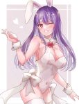  1girl animal_ears aridamikannn bow bowtie breasts bunny_day cleavage commentary_request covered_navel detached_collar heart highres leotard long_hair looking_at_viewer nontraditional_playboy_bunny one_eye_closed purple_hair rabbit_ears rabbit_girl red_bow red_bowtie red_eyes reisen_udongein_inaba solo thighhighs touhou white_leotard white_thighhighs white_wrist_cuffs wrist_cuffs 