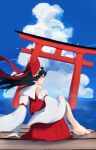 1girl arm_support bare_shoulders barefoot black_hair bow cloud cloudy_sky commentary_request day detached_sleeves frilled_bow frilled_hair_tubes frills hair_bow hair_tubes hakurei_reimu happy_y2525 long_hair nontraditional_miko ocean outdoors profile red_bow red_shirt red_skirt shirt sitting skirt sky sleeveless sleeveless_shirt solo torii touhou wide_sleeves 