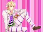  blonde_hair bow bowtie caesar_anthonio_zeppeli facial_mark feathers fingerless_gloves gloves green_eyes hair_feathers highres jojo_no_kimyou_na_bouken male_focus mugenboshi pants solo striped striped_pants 