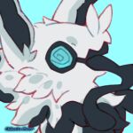  @_@ alternate_color animal_focus artist_name black_fur black_tongue blue_background blue_eyes commentary english_commentary fluffy looking_at_viewer mew_mew_chikorita_moon no_humans original pokemon pokemon_(creature) simple_background solo straight-on upper_body white_fur 