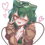  1girl :d ;d artist_name breasts brown_sweater cleavage collarbone commentary_request crossed_bangs double-parted_bangs fang fingernails green_hair green_horns gyaru gyaru_bulbasaur gyaru_bulbasaur_(shin_no_tenpii) hands_up heart highres horns inward_v kogal large_breasts long_fingernails long_sleeves looking_at_viewer medium_hair nail_polish one_eye_closed open_collar open_mouth pinching_sleeves plant pokemon pokemon_pokopia portrait red_eyes red_nails school_uniform simple_background skin_fang smile solo sweater takave twitter_username v v-neck v_over_eye vines white_background winter_uniform 