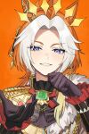  absurdres ahoge animal_ears ascot black_ascot black_gloves blue_eyes colored_bangs commentary ear_covers franz2543 gloves highres horse_ears horse_girl jacket long_hair long_sleeves looking_at_viewer multicolored_hair open_mouth orange_background orange_hair orfevre_(control)_(umamusume) orfevre_(umamusume) simple_background single_ear_cover smile two-tone_hair umamusume upper_body white_hair white_jacket 