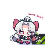  1girl :3 ahoge black_gloves blue_eyes bow carlotta_(wuthering_waves) chibi chibi_only closed_mouth coat commentary_request dress english_text geforce_rtx_5090 gloves hair_bow holding jacket long_hair looking_at_viewer multicolored_eyes parted_bangs pink_bow pink_coat pink_jacket pink_thighhighs smile smug solo striped_bow syurikenmaru thighhighs two-tone_eyes very_long_hair white_background white_dress white_hair wuthering_waves 