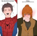  1boy 1girl asarizer black_shirt blush commentary english_text green_eyes green_jacket highres hood hoodie jacket jean_grey light_blush marvel medium_hair peter_parker ponytail sadie_sink shirt simple_background spider-man spider-man:_brand_new_day spider-man_(original_suit) spider-man_(series) tom_holland waving white_background x-men yellow_hoodie 