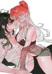  1boy 1girl abs alternate_costume alternate_hairstyle artist_name ass_visible_through_thighs bandages bare_arms bare_shoulders black_bra black_panties blush bra breasts changli_(wuthering_waves) chest_sarashi cleavage collarbone couple english_commentary from_side girl_on_top green_eyes green_hair hair_between_eyes hair_ornament hetero high_ponytail highres large_breasts leaning_back leaning_forward leaning_on_person looking_at_another looking_down looking_up multicolored_hair multiple_scars navel no_shirt off_shoulder panties pants parted_lips pectoral_cleavage pectorals pink_hair ponytail qiuyuan_(wuthering_waves) sanya_(sanya_lox228) sarashi scar scar_on_chest scar_on_face scars_all_over see-through_clothes see-through_shirt shade shirt shy sidelocks signature stomach streaked_hair toned toned_male underwear wavy_hair white_background wuthering_waves yellow_eyes 