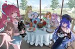 6+girls absurdres aemeath_(wuthering_waves) ahoge alternate_costume azipou black_hat blonde_hair breasts commentary cup denia_(wuthering_waves) denim denim_shorts eyewear_on_head facing_another food hair_between_eyes hair_ornament hat headphones highres holding holding_cup holding_stuffed_toy indoors jeans large_breasts long_hair looking_at_viewer lucilla_(wuthering_waves) lynae_(wuthering_waves) midriff mornye_(wuthering_waves) multiple_girls navel one_eye_closed open_mouth orange_eyes orange_hair outstretched_arm pants pink_hair ponytail purple_hair shorts sigrika_(wuthering_waves) sitting smile stuffed_toy sunglasses table wuthering_waves 