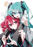  2girls :< :d aqua_eyes aqua_hair aqua_trim arm_tattoo arms_around_neck bare_shoulders black_shirt black_sleeves blush closed_mouth collared_shirt commentary_request detached_sleeves double-parted_bangs drill_hair fingernails flying_sweatdrops grey_shirt hair_between_eyes hatsune_miku highres hug hug_from_behind kasane_teto kasane_teto_(utau) kudo_eru long_hair long_sleeves looking_at_another looking_at_viewer multiple_girls notice_lines number_tattoo open_mouth red_eyes red_hair red_trim shirt shoulder_tattoo simple_background sleeveless sleeveless_shirt smile spoken_blush sweatdrop tattoo teeth twin_drills twintails twitter_username upper_body upper_teeth_only utau vocaloid white_background wing_collar 