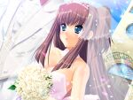  1boy 1girl bare_shoulders blue_eyes blush bouquet breasts bridal_veil bride brown_hair choker church cleavage closed_mouth dress flower formal_clothes game_asset kinmedai_pink long_hair makeup medium_breasts non-web_source official_art rose see-through_clothes see-through_veil seiryuu_tenmu self-datamine shouryuu_senki_tenmu smile solo_focus tiara two_side_up veil visual_novel_cg wedding wedding_dress white_flower white_rose 