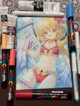  1girl absurdres alternate_costume art_tools_in_frame bikini blonde_hair blue_sky blush bow bow_bikini breasts commentary_request crystal crystal_wings dated day fang flandre_scarlet frilled_bikini frilled_thigh_strap frilled_wrist_cuffs frills hair_bow highres long_hair looking_at_viewer making-of_available mosho multicolored_wings navel one_side_up open_mouth red_bikini red_bow red_eyes red_wrist_cuffs signature skin_fang sky small_breasts solo stomach sun swimsuit thigh_strap touhou traditional_media wings wrist_cuffs 