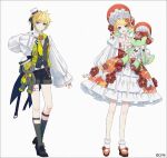  1boy 1girl :d accurate_lolita_coord aqua_eyes belt black_ribbon black_shorts black_socks blonde_hair blue_eyes bonnet bow bowtie collared_shirt commentary copyright_notice dress floral_print flower frilled_dress frilled_socks frills full_body gradient_hair green_bow green_hair green_necktie green_vest hair_ornament hair_ribbon hakusai_(tiahszld) hand_on_own_chest hat high_heels holding holding_stuffed_toy kagamine_len kagamine_rin legwear_garter lineup lolita_fashion long_sleeves looking_at_viewer mary_janes mini_hat mini_top_hat multicolored_hair necktie open_mouth orange_dress ouji_fashion puffy_long_sleeves puffy_sleeves red_bow red_dress ribbon shirt shoes short_hair shorts simple_background sleeves_past_wrists smile socks standing striped_clothes striped_socks stuffed_animal stuffed_toy teddy_bear thigh_belt thigh_strap top_hat untranslatable_commentary vertical-striped_clothes vertical-striped_socks vest vocaloid white_background white_belt white_bow white_dress white_hat white_ribbon white_shirt white_socks yellow_necktie 