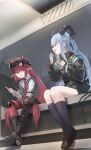  2girls absurdres arknights asymmetrical_legwear bang_dream! bang_dream!_it's_mygo!!!!! black_boots black_hat black_jacket black_ribbon black_shoes black_shorts blue_hair blue_socks boots braid brown_thighhighs commentary demon_girl demon_horns demon_tail hair_ornament hair_ribbon hairclip hat highres horns horns_through_headwear jacket kneehighs laughing long_hair looking_at_another mismatched_legwear mismatched_thighhighs multiple_girls newsboy_cap open_mouth red_eyes red_thighhighs rhodes_island_uniform ribbon shirt shoes shorts sitting smile socks sumi_(pixiv_123219118) tail thighhighs thighs togawa_sakiko togawa_sakiko_(sarkaz) twintails very_long_hair vigna_(arknights) white_shirt 