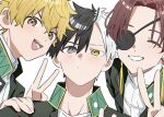  3boys black_hair blonde_hair blush brown_hair chinese_clothes commentary_request eyepatch freckles furin_high_school_uniform heterochromia highres im_awake jacket looking_at_viewer male_focus multicolored_hair multiple_boys nirei_akihiko open_mouth portrait sakura_haruka_(wind_breaker) school_uniform shirt short_hair smile suo_hayato tangzhuang two-tone_hair v white_hair white_shirt wind_breaker_(nii_satoru) 