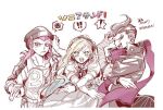  ! 1girl 2boys ahiruzatu bandaged_arm bandages beanie bow braid commentary_request danganronpa_(series) danganronpa_2:_goodbye_despair hair_bow hat jumpsuit multiple_boys pink_eyes pink_hair scarf single_braided_sidelock soda_kazuichi sonia_nevermind sparkling_eyes spoken_exclamation_mark spoken_squiggle squiggle tanaka_gundham translation_request 