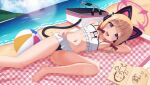  1girl :d absurdres animal_ear_headphones animal_ears ball barefoot beach beach_mat beachball bikini bikini_skirt blonde_hair blue_archive blue_sky blush bow c-r-carlos cat_ear_headphones cat_ears chinese_commentary cloud commentary_request cooler day doodle_sensei_(blue_archive) fake_animal_ears fake_tail foot_out_of_frame hair_bow halo hand_on_own_head hand_on_own_hip headphones highres hill lens_flare looking_at_viewer low-tied_sidelocks lying momoi_(blue_archive) navel ocean on_back on_side open_mouth outdoors pink_eyes pink_halo pink_nails red_bow sensei_(blue_archive) short_hair sidelocks sky smile solo sun swimsuit tail teeth upper_teeth_only water wet white_bikini 