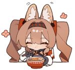 1girl angelina_(arknights) angelina_the_mellow_wish_(arknights) animal_ear_fluff animal_ears arknights black_collar black_gloves black_hairband bowl brown_hair chibi chinese_commentary chopsticks closed_eyes collar commentary_request detached_sleeves ear_wiggle eating erober facing_viewer flower food fox_ears fox_girl gloves hair_between_eyes hairband holding holding_chopsticks infection_monitor_(arknights) long_hair long_sleeves noodles pink_flower ramen simple_background solo twintails upper_body white_background yurie_mouth 