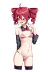  1girl :d absurdres ahoge ass_visible_through_thighs bikini black_sleeves black_thighhighs blush bow bowtie breasts commentary_request cowboy_shot cropped_legs detached_collar detached_sleeves dot_nose double-parted_bangs drill_hair hair_between_eyes highres hu2924 kasane_teto kasane_teto_(utau) looking_to_the_side medium_hair micro_bikini miku_collar_bikini navel open_mouth red_bikini red_bow red_bowtie red_eyes red_hair red_trim sidelocks simple_background small_breasts smile solo standing stomach striped_bikini striped_clothes sweat swimsuit teeth thighhighs twin_drills twirling_hair upper_teeth_only utau white_background 