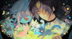  1boy 1girl absurdres asaba_harumasa asaba_harumasa_(cat) black_background black_cat black_hair blue_cat blue_horns blue_oni blue_skin book cat choker colored_skin commentary crayon drawing_(object) ear_piercing earrings fangs glasses grass hair_between_eyes hair_between_horns hair_over_one_eye headband hhhye_tw highres holding holding_book holding_crayon horns hoshimi_miyabi hoshimi_miyabi_(cat) imagining jewelry looking_at_object multiple_cats musical_note oni open_mouth piercing pill pink_cat pointy_ears red_eyes shirt short_eyebrows short_hair skin-covered_horns smile smiley_face soukaku_(cat) soukaku_(zenless_zone_zero) star_(symbol) teeth thick_eyebrows tsukishiro_yanagi tsukishiro_yanagi_(cat) untranslatable_commentary upper_teeth_only white_cat white_hair white_shirt yellow_eyes yellow_headband zenless_zone_zero 