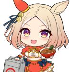  1girl :d animal_ears blue_bow blush bow bowl breasts brown_hair chibi commentary_request forehead holding holding_bowl horse_ears insulated_delivery_bag looking_at_viewer medium_breasts multicolored_hair narita_top_road_(manpuku_ryutouden:_top)_(umamusume) narita_top_road_(umamusume) parted_bangs puffy_short_sleeves puffy_sleeves purple_eyes red_skirt shirt short_sleeves shrug_(clothing) simple_background skirt smile solo streaked_hair terimuku umamusume white_background white_hair white_shirt 