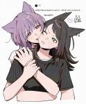  2girls animal_ear_piercing animal_ears bak_pep bang_dream! bang_dream!_it's_mygo!!!!! biting biting_cheek black_hair black_shirt cat_ears cat_girl commentary_request earrings green_eyes hug hug_from_behind jewelry kemonomimi_mode korean_commentary korean_text long_hair multiple_girls open_mouth pink_eyes purple_hair shirt short_hair simple_background translation_request white_background white_shirt wolf_ears wolf_girl yahata_umiri yuri yuutenji_nyamu 