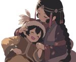  2girls akumai0708 black_hair braid brown_hair closed_eyes closed_mouth commentary_request fur_trim hand_on_another's_head khulan_(tenmaku_no_jaadugar) long_hair long_sleeves mongolian_clothes multiple_girls open_mouth sidelighting simple_background smile tenmaku_no_jaadugar toregene_(tenmaku_no_jaadugar) white_background 