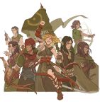  2girls 5boys abi-kamikakushi aelirenn animal_on_shoulder apron arm_guards arm_up arm_wrap armband arrow_(projectile) artist_name bandana banner battle_standard belt belt_pouch black_eyes blonde_hair bomb bomb_belt bow_(weapon) braid bright_pupils brown_apron brown_belt brown_eyes brown_gloves brown_hair brown_sash brown_shirt brown_shoes brown_shorts clenched_hand cloak commentary crossed_arms crown_of_thorns cutlass detached_sleeves drawing_bow eibhear_hattori elbow_gloves eldain_(the_witcher) elf english_commentary explosive facepaint facial_mark feather_hair_ornament feathers fingerless_gloves floating_hair fur_shirt gloves green_armband green_cloak green_shirt green_skirt green_theme grey_sash gwent_(game) hair_bun hair_ornament hairband half_up_braid highres holding holding_arrow holding_banner holding_bow_(weapon) holding_instrument holding_lute holding_sword holding_weapon instrument iorveth isengrim_faoiltiarna leg_wrap long_hair long_shirt long_skirt long_sleeves lute_(instrument) multiple_boys multiple_girls obi obiage obijime pointy_ears pouch raised_fist red_bandana red_hairband red_sash red_sleeves sash scar scar_on_arm scar_on_face shirt shoes short_hair short_sleeves shorts shorts_under_skirt shoulder_belt side_slit sidelocks simple_background single_detached_sleeve single_hair_bun skirt sleeveless sleeveless_shirt squirrel sword the_witcher_(series) the_witcher_1 the_witcher_2 the_witcher_3 thronebreaker:_the_witcher_tales vernossiel war_banner weapon white_background white_pupils yaevinn 