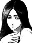  1girl bleach chris-jin commentary english_commentary greyscale hair_down long_hair lowres monochrome portrait sideways_glance smile solo unohana_retsu 