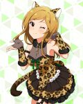  1girl ;) animal_ears animal_print arm_strap blonde_hair breasts card_commentary cleavage closed_mouth commentary_request cowboy_shot dress fake_animal_ears fake_tail fingerless_gloves frilled_dress frills fur_collar game_asset gaogao_leopard_(idolmaster) gloves hands_up idolmaster idolmaster_million_live! idolmaster_million_live!_theater_days large_breasts leopard_ears leopard_print leopard_tail long_hair looking_at_viewer momose_rio official_alternate_costume official_art one_eye_closed pink_eyes print_dress print_gloves short_dress sleeveless sleeveless_dress smile solo standing tail third-party_source 