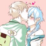  2boys blue_hair blush brown_eyes brown_hair closed_mouth commentary_request dramatical_murder green_shirt heart kiss kuwa_ayase long_hair male_focus multiple_boys noiz_(dramatical_murder) pink_background seragaki_aoba shirt simple_background speech_bubble upper_body yaoi 