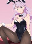  1girl animal_ear_hairband animal_ears black_bow black_bowtie black_leotard bow bowtie breasts brown_pantyhose cameltoe commentary_request detached_collar fake_animal_ears green_eyes hairband highleg highleg_leotard highres leotard long_hair looking_at_viewer love_live! love_live!_superstar!! low_neckline pantyhose pink_background playboy_bunny purple_hair rabbit_ear_hairband rabbit_ears sitting solo strapless strapless_leotard tamagu_eggo wavy_hair white_wrist_cuffs wien_margarete wrist_cuffs 
