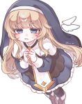  1girl :o angel_wings black_pantyhose blonde_hair blue_dress blue_eyes boots brown_boots capelet commentary_request detached_wings dress foot_out_of_frame frilled_dress frills from_above furrowed_brow gold_trim highres long_hair long_sleeves looking_at_viewer ner_(trickcal) nun nun_headdress open_mouth own_hands_together pantyhose simple_background solo sweatdrop trickcal ustya_0 white_background white_capelet wings 