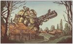  1boy 1girl bare_tree blue_sky boots border clear_sky commentary english_commentary food grass green_boots grey_jumpsuit gun helmet highres holding holding_food holding_gun holding_sandwich holding_weapon house jumpsuit leaning_on_object mecha mecha_focus mecha_pilot_suit original outdoors path robot sandwich science_fiction sitting sky stone_wall thebadbucket tree weapon white_border 