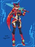  1girl alternate_hairstyle aqua_gem artist_name blue_background blush boots breasts commentary cosplay covered_navel energy_sword english_commentary gem glint hand_on_own_hip helmet highres holding holding_sword holding_weapon large_breasts mega_man_(series) mega_man_zero_(series) open_mouth pyra_(xenoblade) red_boots red_eyes red_hair sato_hagamaki solo standing sword weapon xenoblade_chronicles_(series) xenoblade_chronicles_2 zero(z)_(mega_man) zero(z)_(mega_man)_(cosplay) zero_(mega_man) 