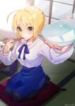  1girl absurdres ahoge artist_name artoria_pendragon_(fate) blonde_hair blue_bow blue_skirt blush bow bowl braid braided_base braided_bun bun_with_braided_base chopsticks commentary_request eating fate_(series) food food_on_face green_eyes hair_bun highres holding holding_bowl holding_chopsticks kachin long_sleeves pillow rice saber_(fate) seiza shirt short_hair sidelocks sitting skirt white_shirt 