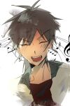  1boy aioi_saki alien_stage anakt_arts_high_school_uniform_(fading_youth) beamed_eighth_notes beamed_sixteenth_notes closed_eyes collared_shirt commentary half_note highres layered_shirt male_focus musical_note musical_staff open_clothes open_mouth open_shirt school_uniform shirt smile solo till_(alien_stage) treble_clef white_background white_shirt 