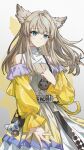  1girl absurdres alternate_costume arknights arknights:_endfield bare_shoulders blue_eyes brown_dress brown_hair chinese_commentary chromatic_aberration closed_mouth commentary_request cowboy_shot dress english_commentary gradient_background grey_background hair_ornament hand_on_own_chest highres joker_(jjjokerrr233) long_hair long_sleeves looking_at_viewer mixed-language_commentary partial_commentary perlica_(arknights) smile solo split_mouth standing white_dress x_hair_ornament yellow_pupils yellow_sleeves 