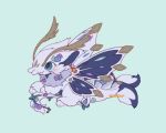  animal_focus antennae blue_background blue_eyes blue_flower blush creature dragon flower fluffy full_body highres looking_to_the_side mew_mew_chikorita_moon neck_fur no_humans original pokemon purple_flower simple_background solo tail white_fur wings 