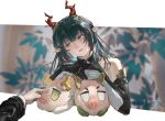  1girl 1other absurdres arknights arknights:_endfield bodypaint breasts commentary_request dragon_girl dragon_horns eastern_dragon_horns endministrator_(arknights) green_eyes green_hair hands_on_own_chest highres horns inverted_nipples lactation large_breasts long_hair nipples parted_lips pointy_ears poking_another's_breast pov pov_hands single_inverted_nipple solo_focus upper_body wdexxp zhuang_fangyi_(arknights) 