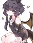  1girl :| bandaged_hand bandaged_leg bandaged_tail bandages black_hair black_horns black_tail black_tunic black_wings blue_eyes closed_mouth commentary_request dragon_ears dragon_girl dragon_tail dragon_wings full_body gold_thighlet hair_tubes hand_on_own_chest highres horns jewelry kidian_(trickcal) long_sleeves sack seiza short_eyebrows short_hair_with_long_locks simple_background single_off_shoulder sitting small_horns solo tail thighlet trickcal tunic ustya_0 white_background wings 