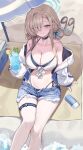  1girl absurdres alternate_costume alternate_hairstyle asuna_(blue_archive) bare_shoulders bikini blonde_hair blue_archive blue_bikini blue_eyes blue_halo blush breasts cleavage commentary dated_commentary denim denim_shorts double_bun drink grin hair_bun hair_over_one_eye halo highres holding holding_drink jacket large_breasts layered_bikini long_hair looking_at_viewer mole mole_on_breast navel open_clothes open_fly open_jacket open_shorts pipi_ya short_shorts shorts smile solo stomach sweat swimsuit thigh_strap white_bikini white_jacket 