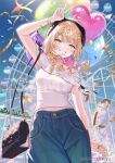  1girl arm_up bag balloon bare_shoulders beret black_hat blue_pants bracelet braid breasts commentary_request company_name confetti copyright_notice day ferris_wheel green_eyes grin hair_ornament hairclip hand_to_head hat heart heart_balloon heart_hair_ornament holding holding_balloon jewelry kaburaki_roco long_hair looking_at_viewer midriff nail_polish nijisanji official_alternate_costume official_art okuma_mai orange_hair outdoors pants ring sample_watermark shirt shoulder_bag sleeveless sleeveless_shirt smile v virtual_youtuber watermark white_shirt yellow_nails 