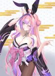  +_+ 1girl 774norango absurdres ahoge animal_ears bare_shoulders black_choker black_kimono black_sleeves blue_eyes blush bow breasts brown_pantyhose choker cleavage collarbone commentary_request detached_sleeves eyelashes fingernails hair_bun hair_intakes highres hololive hololive_dev_is japanese_clothes kikirara_vivi kikirara_vivi_(new_year) kimono large_breasts long_hair looking_at_viewer nail_polish one_eye_closed open_mouth pantyhose pink_bow pink_hair pink_nails purple_hair rabbit_ears sash solo sparkle_print thighs virtual_youtuber white_background white_sash wide_sleeves 