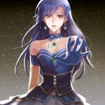  1girl bare_shoulders blue_choker blue_dress blue_gloves blue_hair brown_eyes choker commentary_request dress earrings gloves hair_ornament idolmaster idolmaster_(classic) idolmaster_million_live! idolmaster_million_live!_theater_days jewelry kisaragi_chihaya kisaragi_chihaya_(brilliant_diva) laburnu long_hair looking_at_viewer necklace official_alternate_costume open_mouth outstretched_arm pearl_necklace solo strapless strapless_dress upper_body 