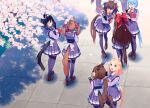  6+girls absurdres admire_vega_(umamusume) animal_ears artist_name black_hair blonde_hair blue_hair book bow bowtie brown_hair brown_shoes cherry_blossoms closed_eyes closed_mouth comiket_106 commentary_request cover cover_page daiichi_ruby_(umamusume) daitaku_helios_(umamusume) day diploma_tube doujin_cover ear_ornament eishin_flash_(umamusume) english_text hair_bow highres holding holding_book horse_ears horse_girl horse_tail k.s.miracle_(umamusume) laughing long_hair long_sleeves looking_at_another looking_at_viewer looking_up low_ponytail mitsusaka_mitsumi multicolored_hair multiple_girls narita_top_road_(umamusume) open_mouth outdoors pleated_skirt ponytail purple_serafuku purple_shirt purple_skirt purple_thighhighs sailor_collar school_uniform serafuku shirt shoes short_hair skirt smart_falcon_(umamusume) smile standing streaked_hair tail tail_through_clothes thighhighs tracen_school_uniform tree twintails umamusume walking winter_uniform 