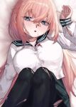  1girl absurdres bandaid bandaid_on_face bandaid_on_nose black_pantyhose black_sailor_collar black_skirt blood blood_on_clothes blue_eyes breasts commentary_request hair_between_eyes highres large_breasts lechiennoir long_hair long_sleeves looking_at_viewer lying michinoku_komaro no_dickey nosebleed on_back pantyhose parted_lips pink_hair sailor_collar school_uniform seitokai_ni_mo_ana_wa_aru! serafuku skirt solo torn_clothes torn_pantyhose white_background 