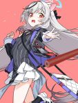  1girl absurdres animal_ear_fluff animal_ears bare_shoulders black_dress black_hair black_ribbon blue_archive blue_halo blush breasts chinese_clothes clothing_cutout commentary_request diamond_cutout dress frilled_skirt frills grey_hair haimura_kiyotaka hair_between_eyes halo highres jacket kokona_(blue_archive) long_hair long_sleeves looking_at_viewer mandarin_collar multicolored_hair open_mouth orange_eyes pankou qipao red_background ribbon simple_background skirt small_breasts solo streaked_hair striped_clothes striped_dress striped_jacket tiger_ears tiger_girl vertical-striped_clothes vertical-striped_dress vertical-striped_jacket very_long_hair white_skirt 