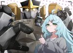  1girl 1other aged_down ahoge alternate_costume alternate_hairstyle blue_eyes blue_hair blush caseee999 character_name closed_mouth commentary_request flower_hairpin glowing glowing_eyes grey_shirt hair_ornament hairclip heart_hands_failure highres long_hair mecha robot seed_(zenless_zone_zero) seed_sr. shirt thumbs_up upper_body zenless_zone_zero 