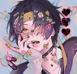  1boy absurdres asaba_harumasa bandaged_fingers bandages bandaid bandaid_on_face bandaid_on_hand bandaid_on_nose black_choker black_nails choker commentary_request decora ear_piercing eyelashes fangs hair_ornament headband heart hhhye_tw highres jewelry long_sleeves male_focus nail_polish open_mouth piercing pill pill_hair_ornament pill_in_mouth sleeves_past_wrists solo star_(symbol) sticker sticker_on_face syringe_hair_ornament yellow_eyes yellow_headband zenless_zone_zero 