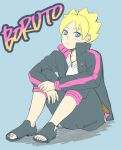  1boy :< ahoge black_jacket black_pants blonde_hair blue_eyes boruto:_naruto_next_generations boruto_(series) character_name commentary_request eyebrows_hidden_by_hair facial_mark frown jacket jewelry makio1313 male_focus naruto_(series) necklace open-toe_shoes pants sitting solo twitter_username uzumaki_boruto whisker_markings 