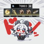  1girl ahoge arms_up black_gloves black_horns black_pants blush chibi chibi_only collared_shirt commentary_request curled_horns demon_tail emphasis_lines gameplay_mechanics gloves grey_background hair_between_eyes highres horns long_hair looking_at_viewer mole mole_under_eye necktie open_mouth outstretched_arms pants red_eyes red_necktie shirt smile solo standing syurikenmaru tail translation_request white_hair white_shirt wuthering_waves zani_(wuthering_waves) 